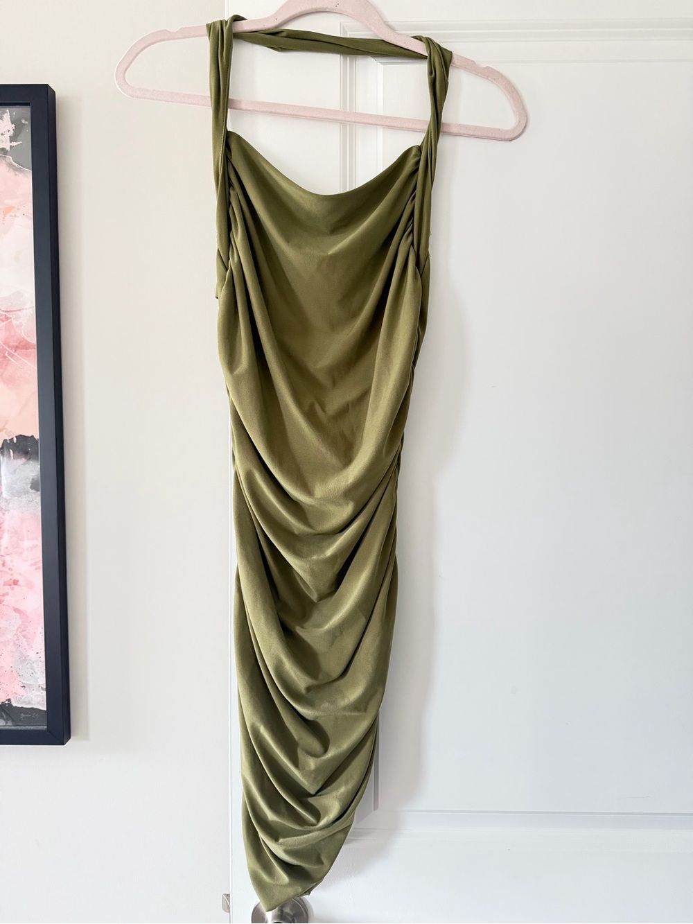 Better Be Olive Green Halter Rouched Bodycon Midi Dress, Size Large